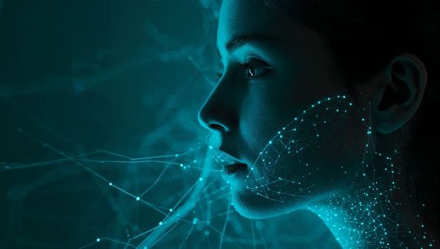 Woman profile connecting to digital neural network in teal futuristic glow