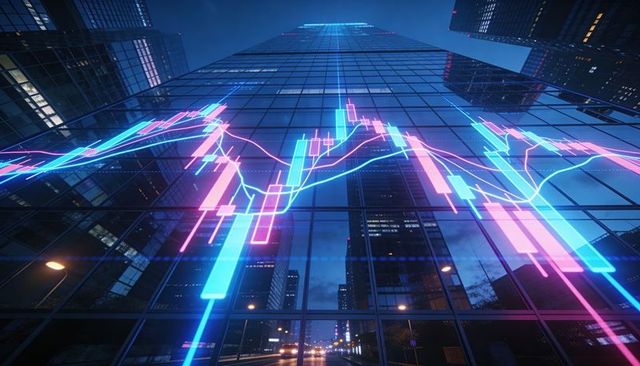 Displaying neon candlestick trading chart overlaying glass skyscraper facade at night