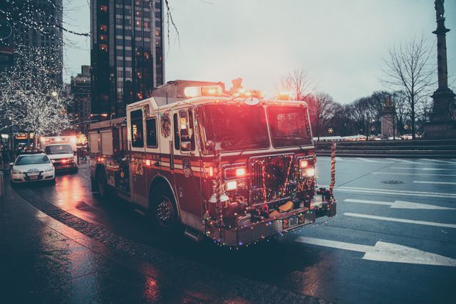 Fire truck adorned with Christmas lights parked on urban street during dusk. Great for holiday, emergency service, cityscape, and winter-themed projects. Can be used in articles, blogs, marketing materials, and greeting cards emphasizing community safety during festive seasons.