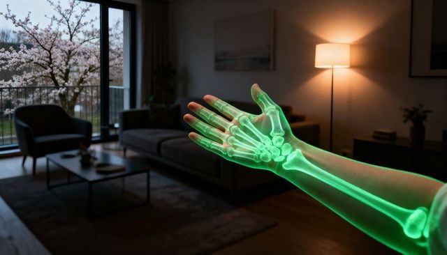 Green x-ray overlay on right forearm in twilight living room with blossoming tree