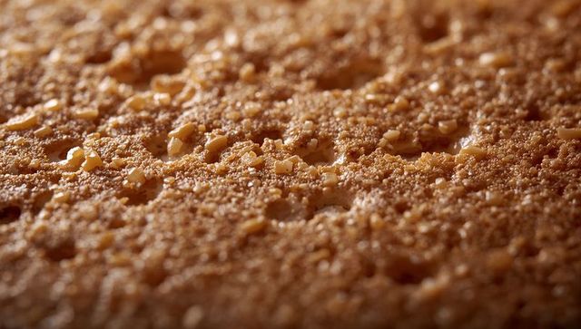 Macro golden almond crumb topping on rustic baked cake surface
