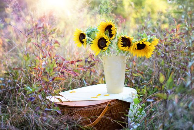 Vase with vibrant sunflowers placed on picnic basket in blooming field. Ideal for promoting outdoor activities, summer gatherings, or countryside living. Perfect for social media posts, website banners, and lifestyle blogs aiming to depict nature's beauty and relaxation.