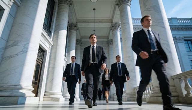 Executive security team striding under marble columns with visible badge and authority