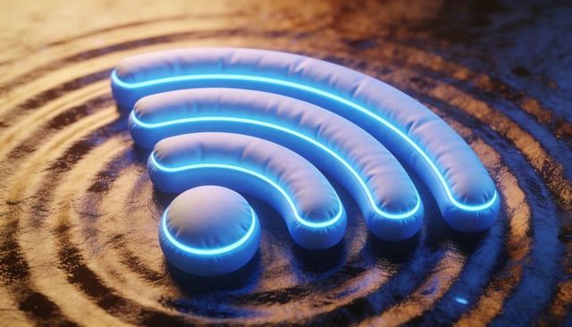 Emitting neon wi-fi icon on wet reflective surface with ripple reflections