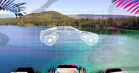 Futuristic wireframe car hovering over turquoise lake with digital grid mockup