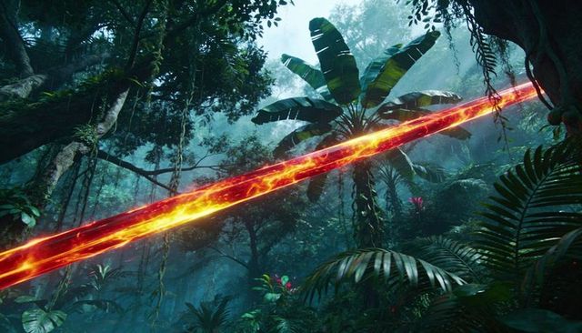 Fiery red energy beam slicing tropical rainforest canopy, illuminating misty lush foliage
