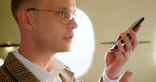 Businessperson Using Smartphone During Flight, Wearing Glasses - Download Free Stock Images Pikwizard.com