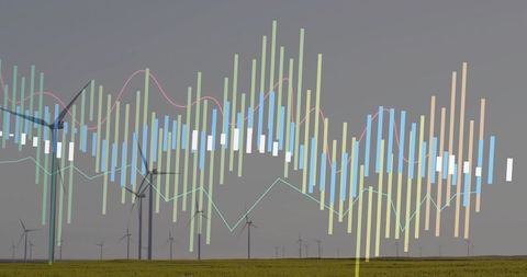 Wind farm data viz with colorful bars and line charts for renewable energy analytics