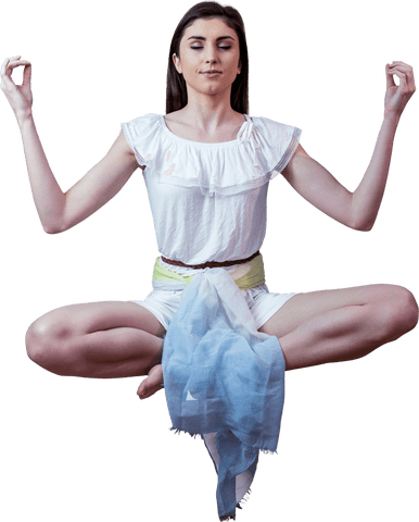 Serene Woman Meditating in a Floating Pose, Transparent Background