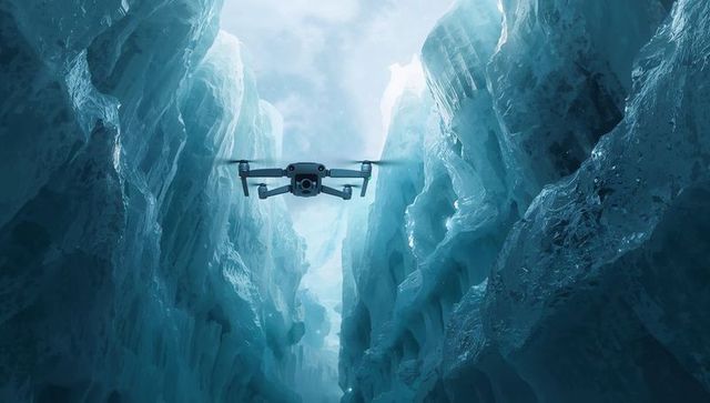 Drone hovering inside glacier crevasse with front gimbal camera for polar aerial survey