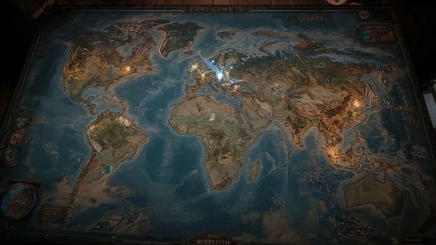 Antique world map on wooden table