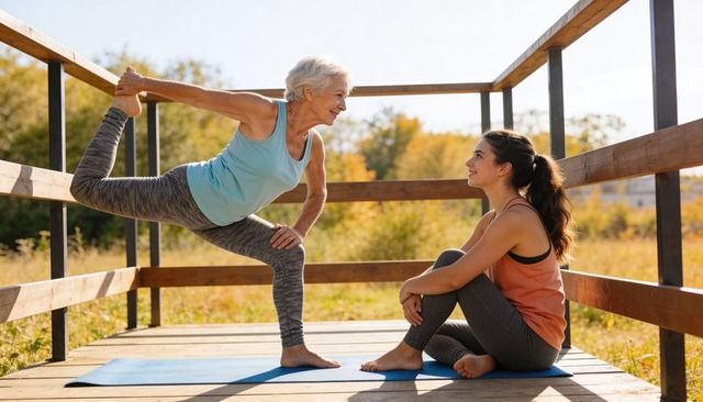 Senior woman stretching in yoga balance pose with young instructor on sunny wooden deck