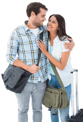 Transparent Happy Couple Traveling Together with Luggage