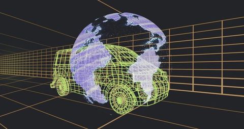Neon wireframe van with holographic globe in futuristic grid tunnel for tech transport