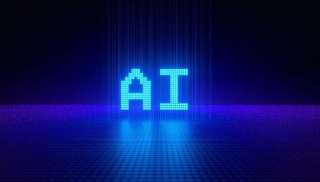 Glowing Pixelated AI Letters Hovering Over Neon Holographic Grid for Tech Branding