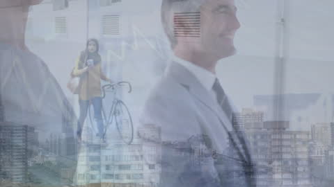 Diverse Business People Overlaid with City and Data Visualization