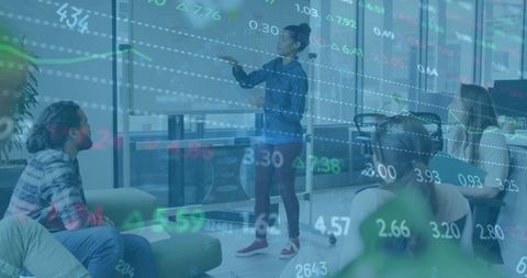 Diverse Team Meeting with Financial Graph Overlay