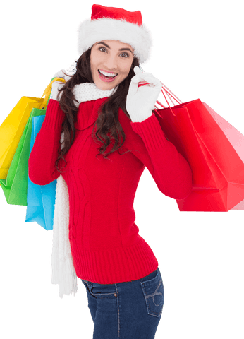 Transparent Happy Shopper in Festive Winter Attire with Gifts