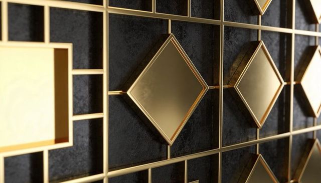 Gold Geometric Lattice Featuring Diamond Mirrors on Dark Plush Backing for Luxury Interiors
