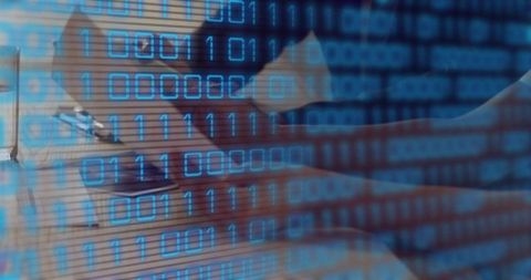 Binary Code over Businessman Writing and Typing at Workspace