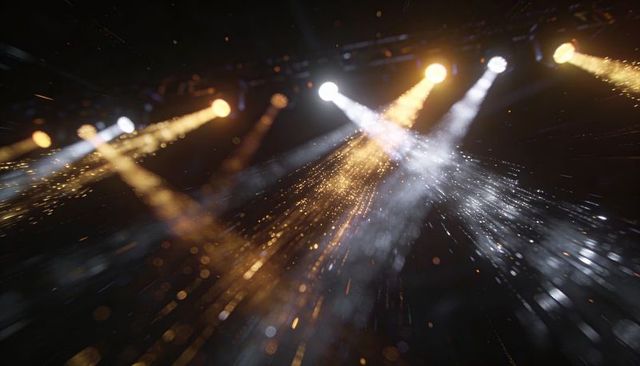 Moving-head spotlights cutting through haze with golden and white particle sparks on stage