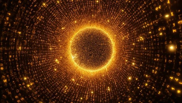 Glowing Central Ring Surrounding Dark Core in Golden Data Vortex with Alphanumeric Halo