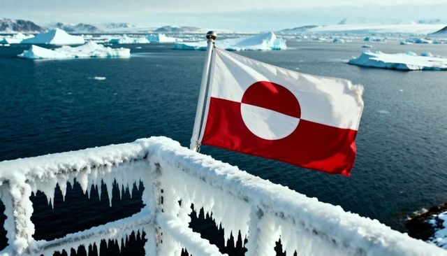 Windblown greenland flag flying over icy arctic ship deck with rime ice and distant icebergs