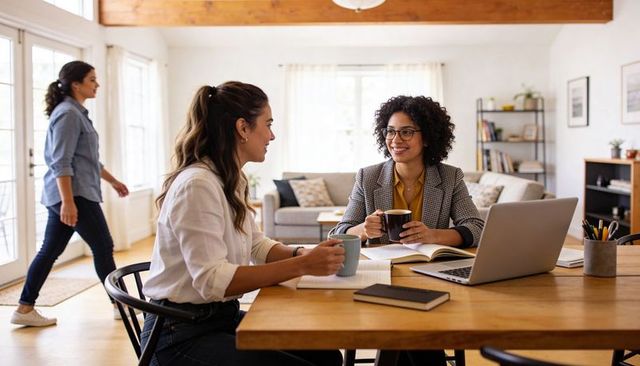 Women Collaborating Over Coffee in Bright Home Workspace with Laptop and Notebooks