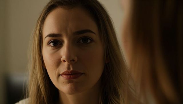 Gazing young woman with neutral expression, soft sidelight showing mirror reflection