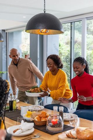 African american family serving roasted chicken at sunlit modern dining table