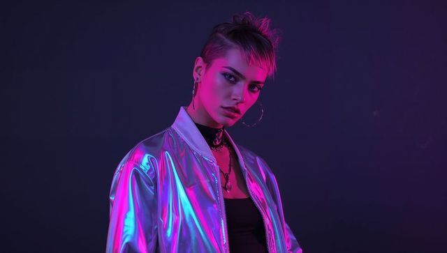 Futuristic neon fashion: model in metallic apparel