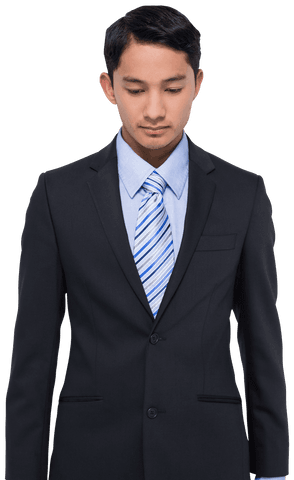 Asian Businessman in Suit Looking Down on Transparent Background