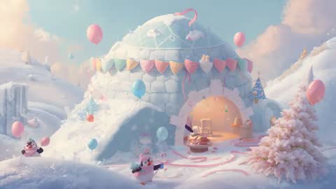 Penguins sliding toward igloo at pastel snowy party with balloons and treats