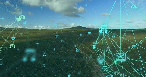Digital connectivity network overlay on serene rural grassland