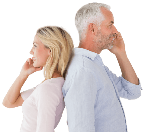 Smiling Gray-Haired Couple Talking on Smartphones Transparent