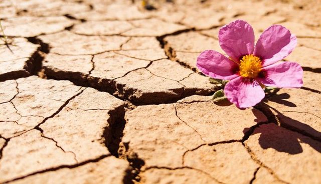 Pink wildflower thriving on cracked clay at dried lake bed, contrast of resilience