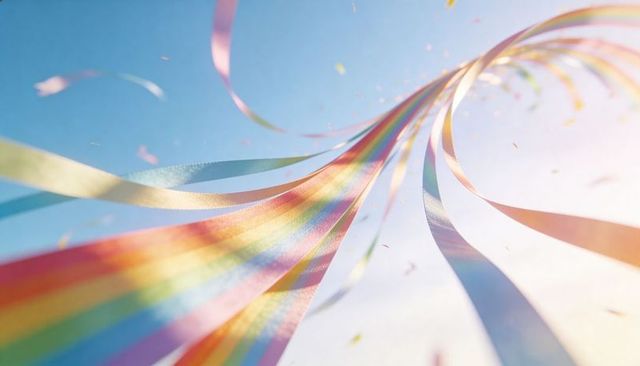 Twisting rainbow streamers catching sunlight over pale blue sky