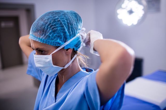 Female nurse tying surgical mask in an operation theater, preparing for surgery. Ideal for use in healthcare, medical, and hospital-related content, emphasizing professionalism, safety, and patient care.