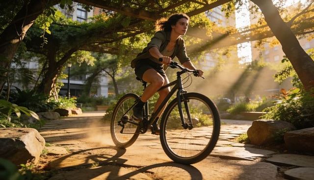 Woman cycling through sunlit urban garden path under tree canopy