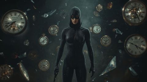Masked assassin figure in bodysuit amidst floating clocks