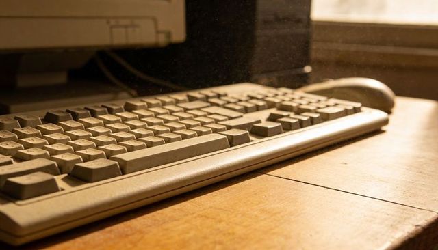 Sunlit Vintage Beige Keyboard with Worn Keycaps, Dust Motes on Wooden Desk, Mouse Cables