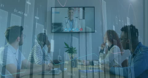 Team Meeting with Financial Data and Statistics Overlay