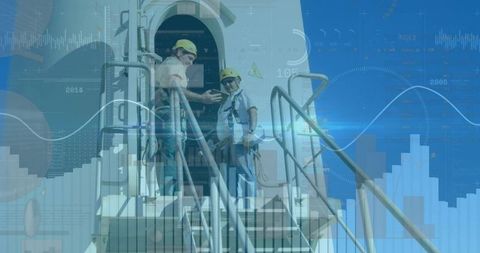 Technicians Inspecting Aircraft with Holographic Data Overlay