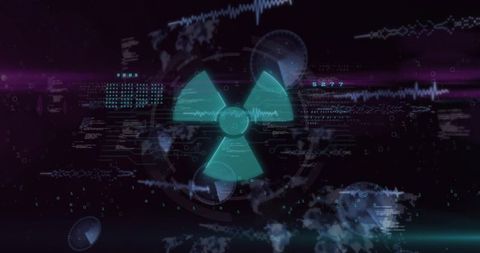 Futuristic radioactive trefoil hud pulsing with neon teal and magenta data readouts