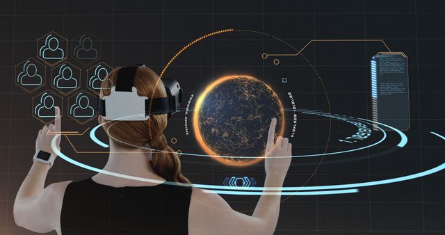 Woman using a VR headset is engaging with a digital galaxy interface, emphasizing futuristic themes and innovative technology. Useful for illustrating concepts related to virtual and augmented reality, gaming, tech advancements, digital exploration, immersive experiences, and technological innovations. Ideal for educational content, sci-fi media, and tech-related promotions.