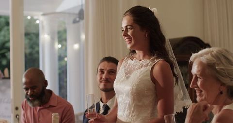 Bride Toasting With Guests at Joyful Wedding Reception Celebration