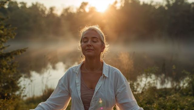 Tranquil Meditation by Mist-Covered Lake at Sunrise