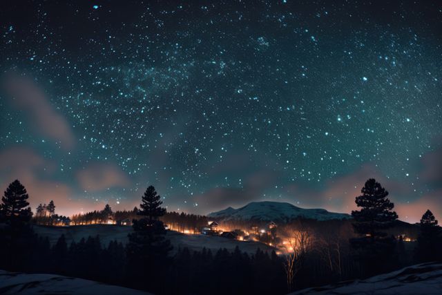 Perfect for use in travel and outdoor blogs, magazines, websites about nature and astronomy, and inspiring wallpapers. It beautifully captures the calm and serene ambiance of rural nightlife under a sparkling starry sky.