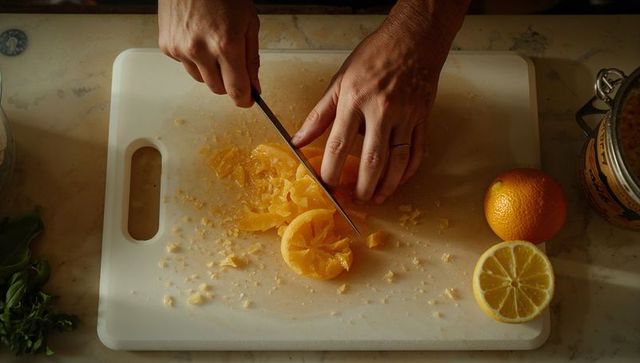 Hands slicing candied citrus on white cutting board with chef knife and halved lemon