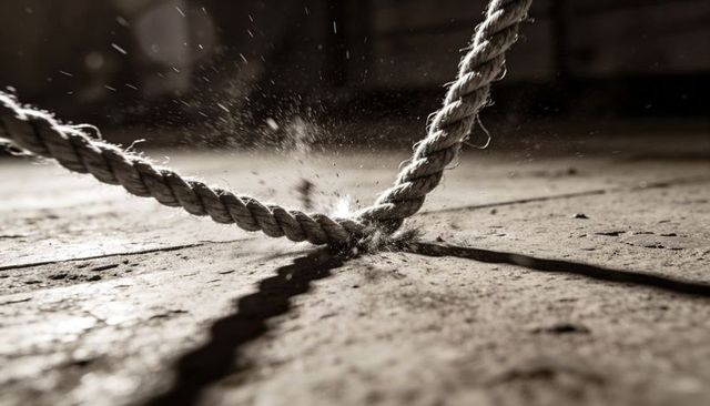 Crossing hemp rope shedding frayed fibers on dusty wood floor with dramatic shadow